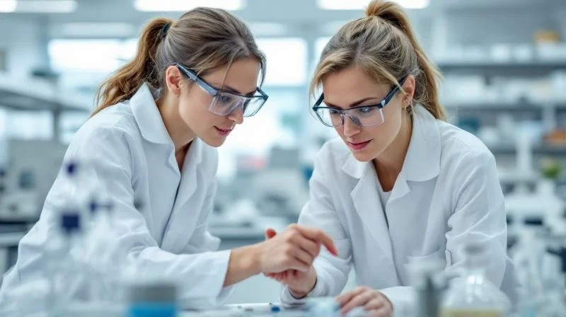 Ausbilderin im weißen Laborkittel erklärt Auszubildender eine Analyse in einem hallenser Chemielabor