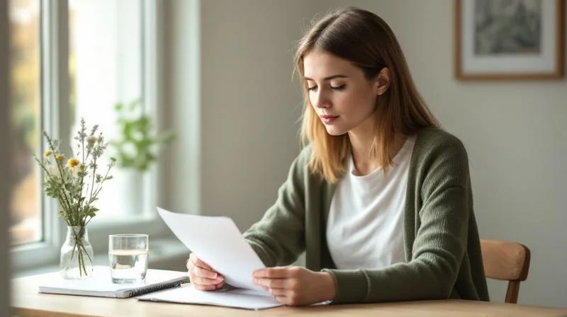 Frau prueft Dokumente an einem Schreibtisch in einem hellen Raum in Halle