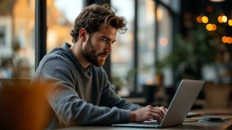 Hallenser Angestellter im Coworking-Space im Stadtzentrum mit Laptop, im Hintergrund Saale-Panorama