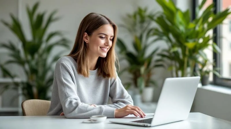 Frau mit Laptop in einem modernen Co-Working-Space in Halle
